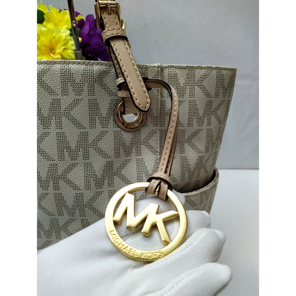 Michael Kors Jet Set Gray Crossgrain Leather MK Printed Pocket Tote Shoulder Bag - Picture 4 of 16